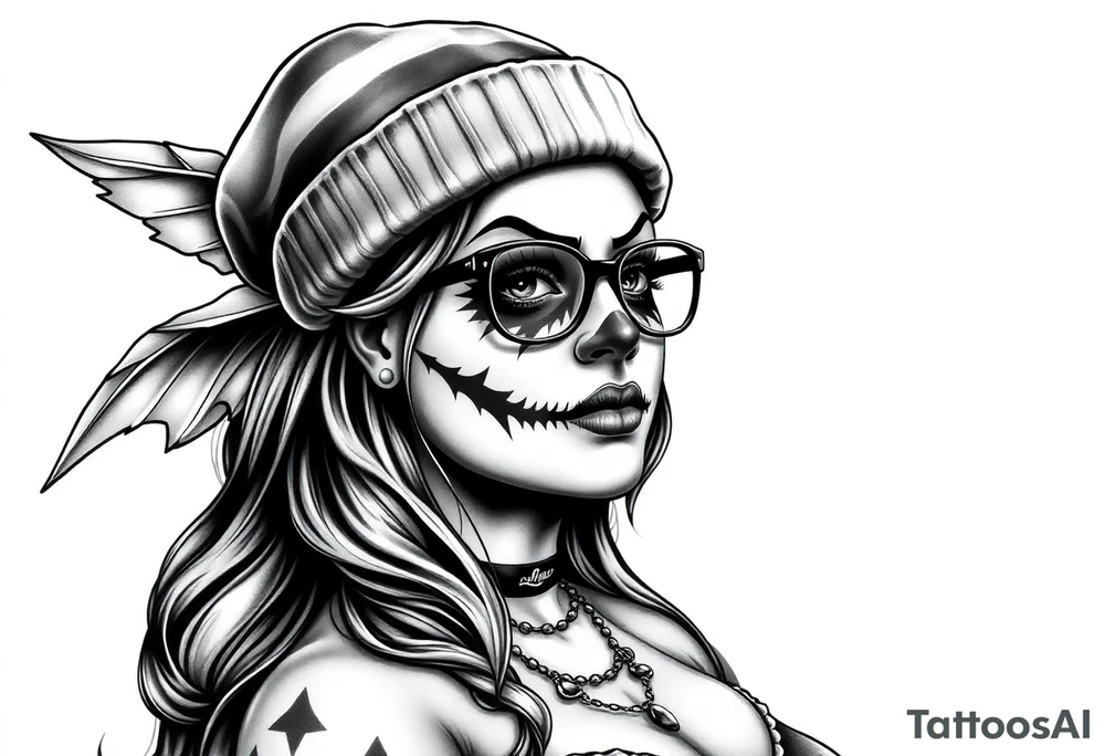 Chicana BBL fat sexy chunky plus size beautiful long hair clown makeup angel wings thug beanie eyeglasses tattoo idea