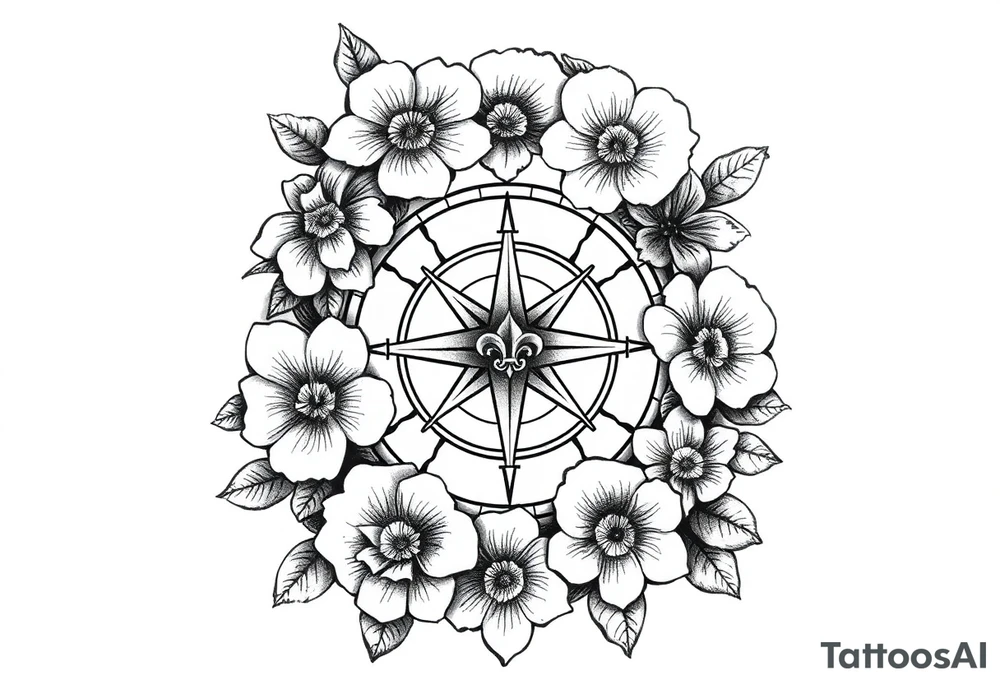 number 6 with flowers surrounding it and a nautical compass in the middle of the circle of 6 and fleur des lis as the center of the compass tattoo idea