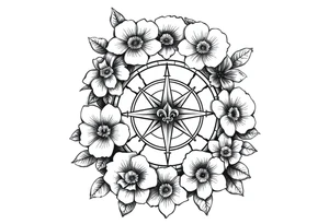 number 6 with flowers surrounding it and a nautical compass in the middle of the circle of 6 and fleur des lis as the center of the compass tattoo idea