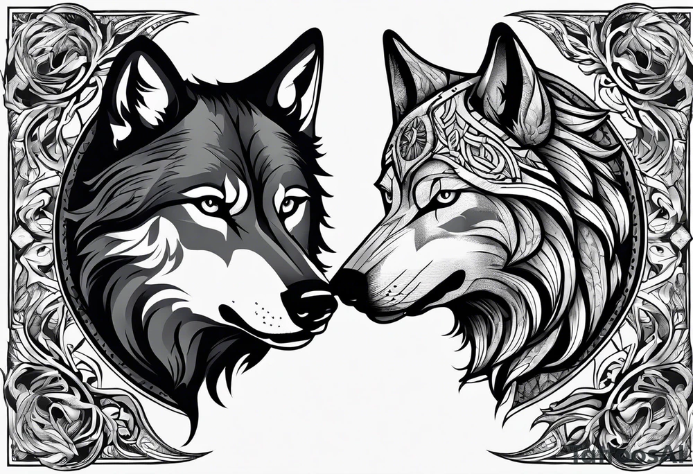 Halbes Gesicht eines Wolfes
Mit Keltischen Zeichen
Im Hintergrund Wald und Berge
Fenrir tattoo idea