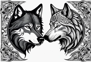 Halbes Gesicht eines Wolfes
Mit Keltischen Zeichen
Im Hintergrund Wald und Berge
Fenrir tattoo idea