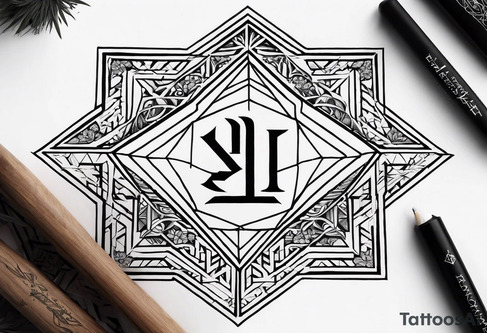 Create a design using a seven-sided polygon based on Kibbutz Be’eri’s borders. Place the Hebrew letters ב, א, ר, י inside the shape, arranged harmoniously with a geometric font, solid fills, and optional decorative patterns, ensuring legibility and aesthetic appeal. tattoo idea