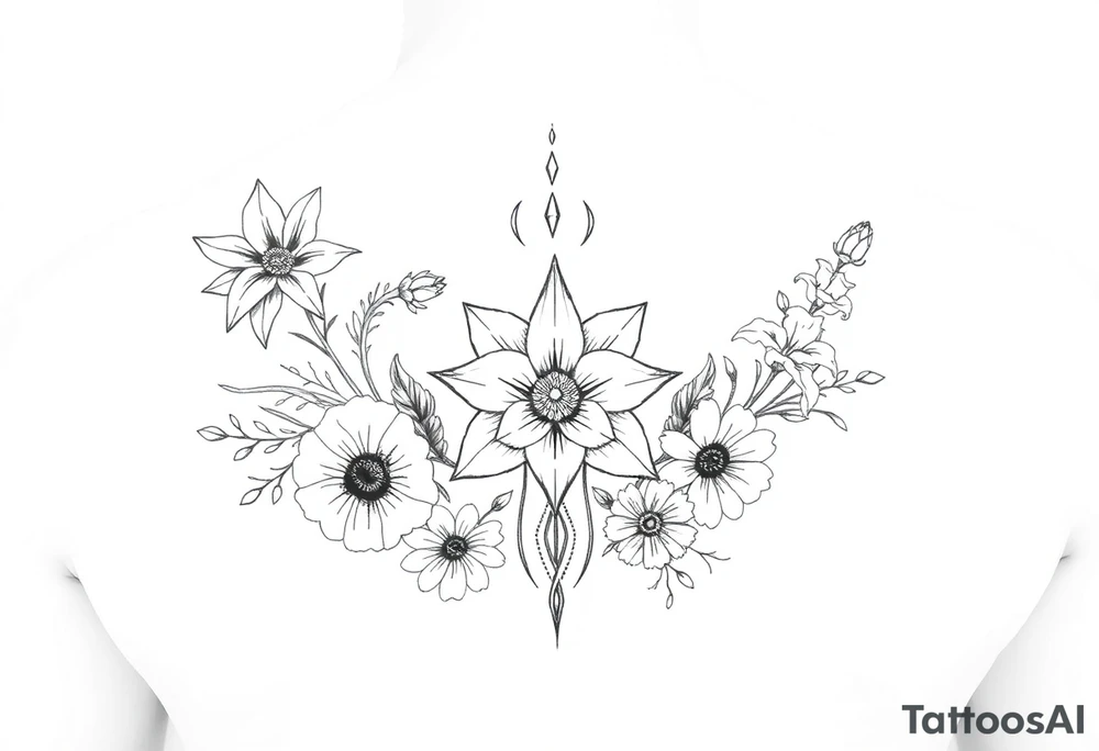 Narcissus, marigold, daisy, larkspur and gladiolus Flowers surrounding tribal piece tattoo idea