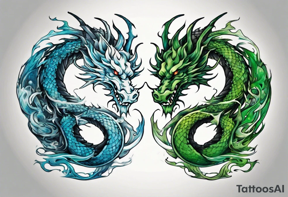 ying yang dragon half blue half green tattoo idea