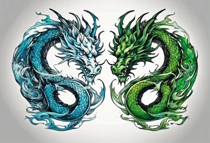 ying yang dragon half blue half green tattoo idea