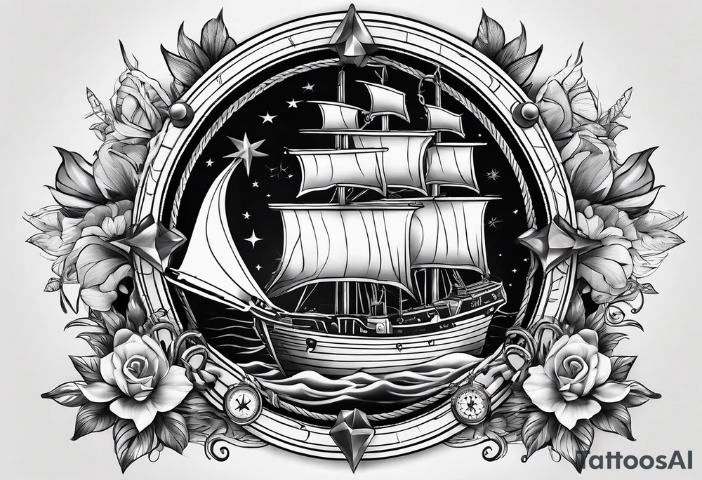 Combined tattoo with various nautical elements like anchor, compass and other nautical and ship elements tattoo idea