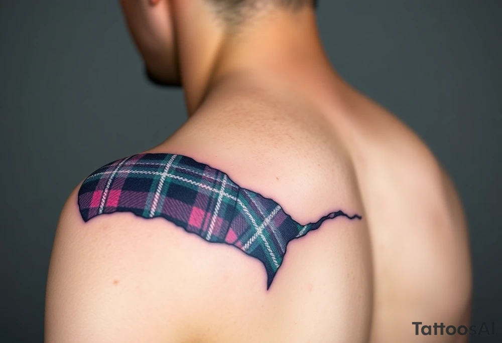 Side of arm Dark Purple with green pink blue and white highlights tartan fabric 
with skin ripping away at edges tattoo idea