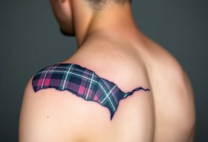 Side of arm Dark Purple with green pink blue and white highlights tartan fabric 
with skin ripping away at edges tattoo idea