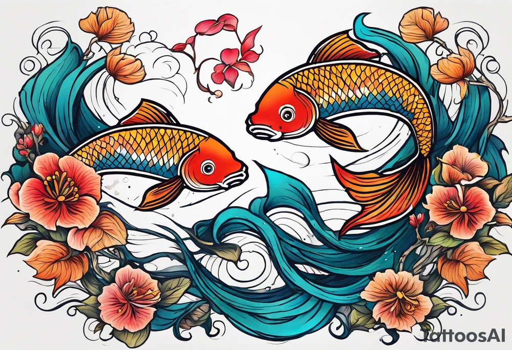 Beautiful coy pisces fish swimming in opposite directions but weighed on the scale of a Libra scale that's balanced out and made of tittered wood and vines tattoo idea