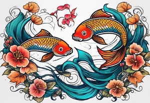 Beautiful coy pisces fish swimming in opposite directions but weighed on the scale of a Libra scale that's balanced out and made of tittered wood and vines tattoo idea