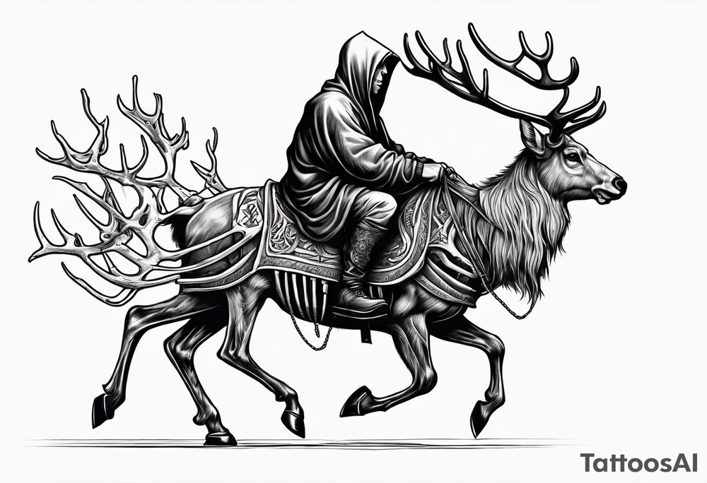 Hooded figure riding on a reindeer skeleton tattoo idea