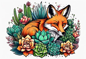 Succulents surrounding a fox tattoo idea