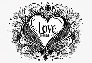 small simple tattoo with the words "love drought" with a melting heart underneath it tattoo idea