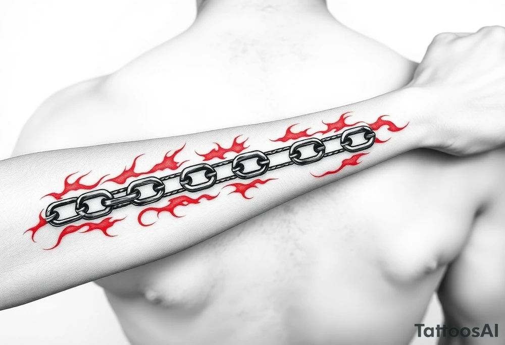 Red burn-like chain scars going across the whole forearm tattoo idea