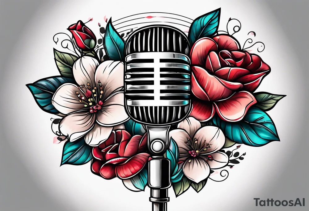 vintage lips near microphone traditional flowers no cut off tattoo idea