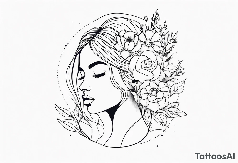 fine line tattoo with woman with flowers growing out of her head tattoo idea