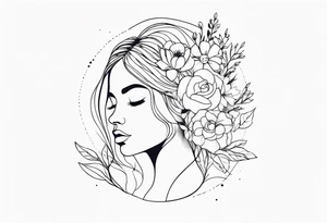 fine line tattoo with woman with flowers growing out of her head tattoo idea
