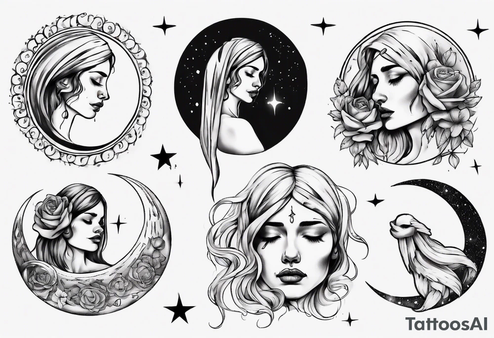 crescent moon with crying woman tattoo idea