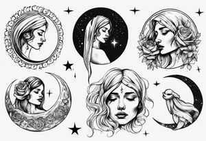 crescent moon with crying woman tattoo idea