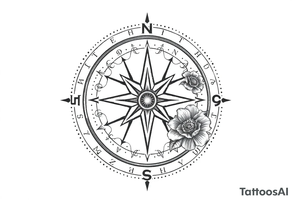 zodiac symbols the elements and Norse runes within ornate compass with roses lilly sunflowers tattoo idea