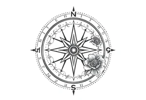 zodiac symbols the elements and Norse runes within ornate compass with roses lilly sunflowers tattoo idea
