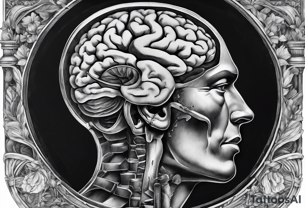 Human anatomical brain in a median sagittal section inside hourglass for man tattoo idea