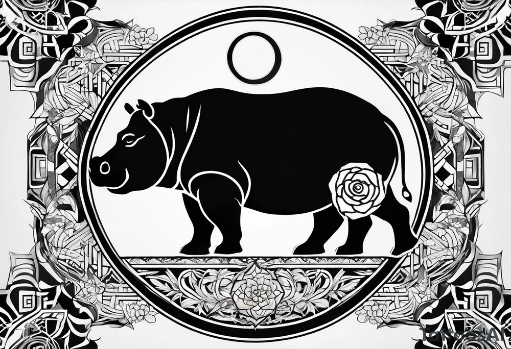 Very asymmetrical, +geometric pattern, with realistic full moon, with seeious looking hippo, +zen feel, + Buddhism touch, +tribal, +geometric
with wintersweet flower bud, +portrait orientation, +inkart touch, tattoo idea