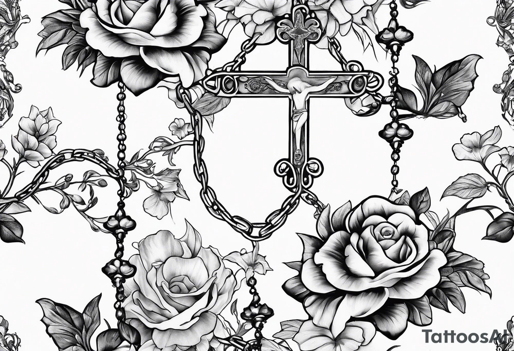rosary with floral vines wrapped around it with loving memory 1918-2006 tattoo idea