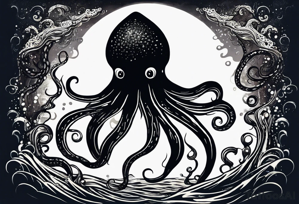 A visual representation of the horror squid concept, showing the squid becoming invisible in ink, its body turning black to blend in with its deep sea environment. The overall environment is dark, creating an eerie underwater atmosphere. tattoo idea