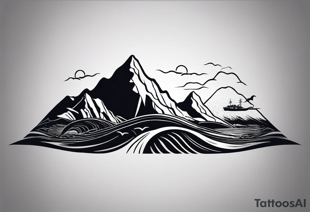 This is a tattoo that is split into 2 sections. The top half is a mountain in Norway with a mountain bike trail winding down the mountain. The bottom half of the tattoo depicts an underwater scene featuring water, and sea life. tattoo idea
