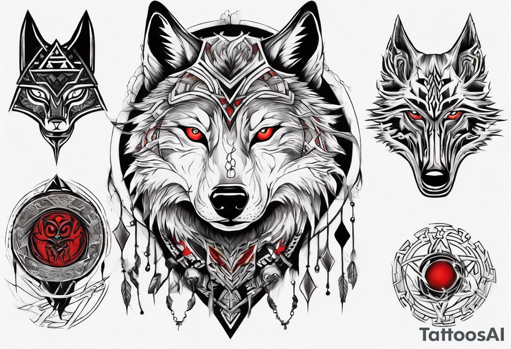 want a half sleeve on my left forearm featuring a wolf with red eyes, surrounded by Māori patterns and Norse symbols tattoo idea