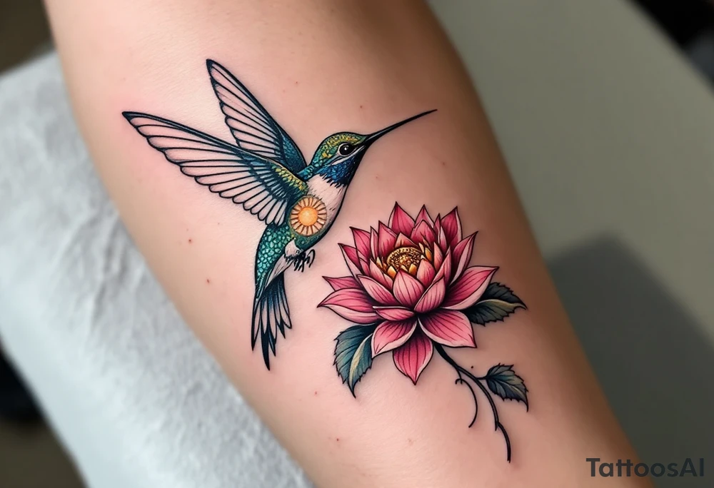 A hummingbird drinking from a lotus flower with one wing made of light (sun disc) and the other made of shadow (crescent moon) (red and black only) tattoo idea