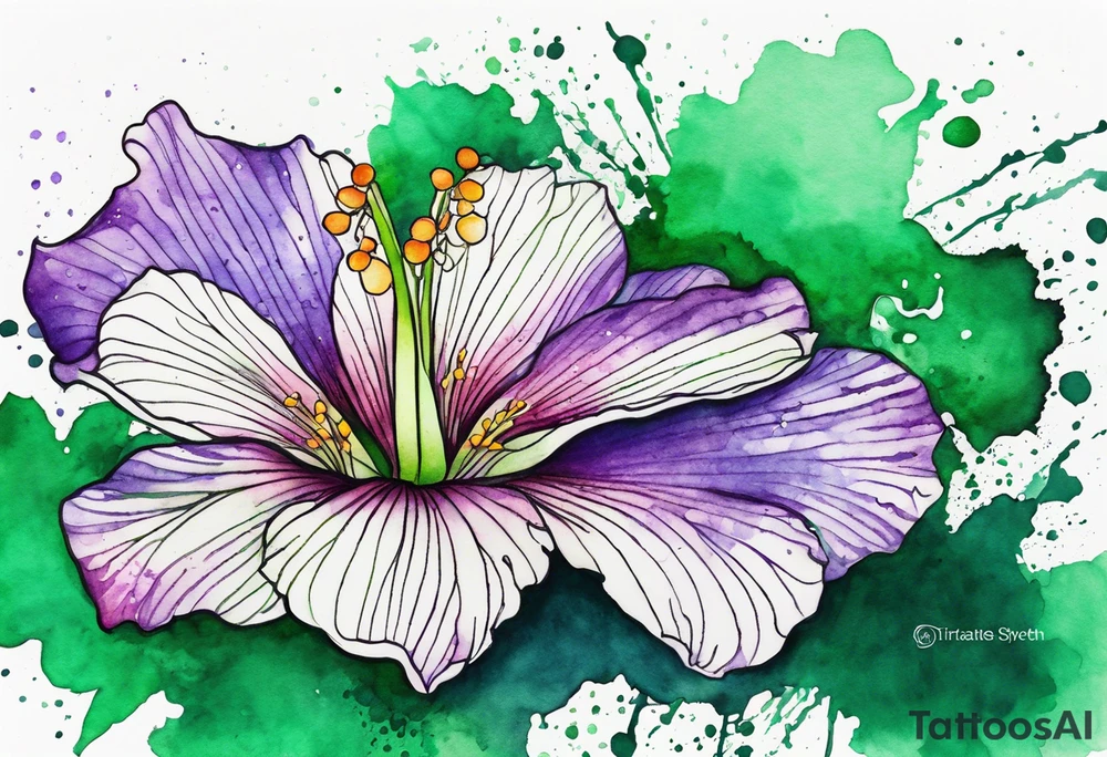 An outline of a green rio dipladenia flower and a green and purple watercolor splash in the background tattoo idea