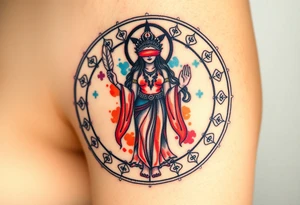 A blindfolded goddess standing in the center of a cosmic circle, with one hand holding a feather and the other a heart, symbolizing fairness in karma. tattoo idea