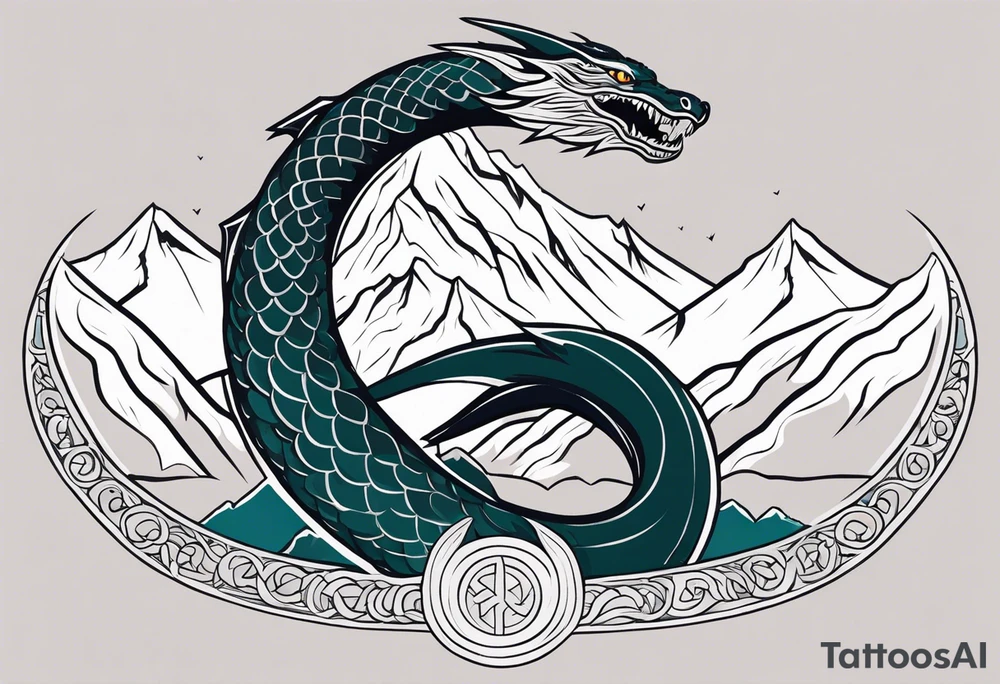 jörmungandr around the arm with mountains tattoo idea
