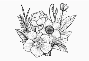 Small simple line-work full flower bouquet (show stems) with 1 daffodil, lily of the valley, 1 poppy, 1 peony, 1 chrysanthemum, and some leaves. Put a butterfly above the daffodil tattoo idea