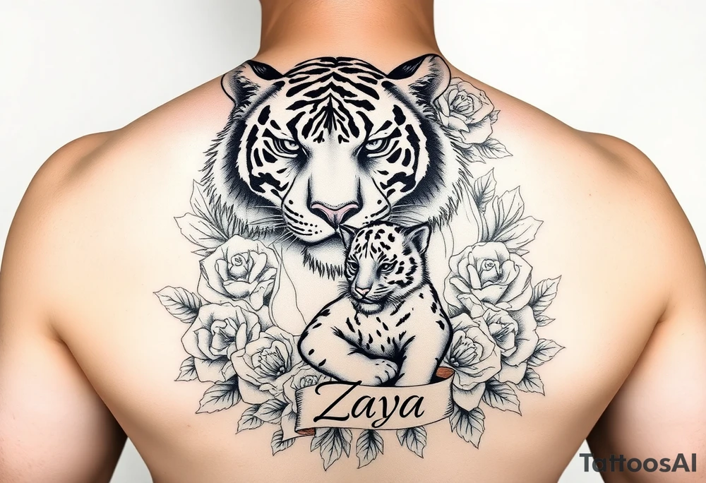 Beautiful, strong and fierce adult female tiger and her cub surrounded by roses and flowers with my daughters name “Zaya” half a sleeve on my arm tattoo idea