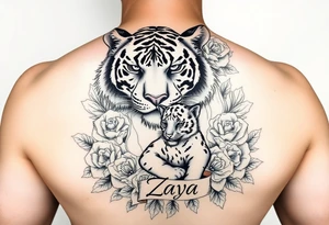 Beautiful, strong and fierce adult female tiger and her cub surrounded by roses and flowers with my daughters name “Zaya” half a sleeve on my arm tattoo idea