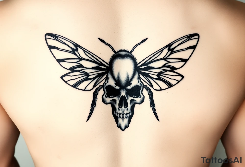 A tribal bee with a skull for lower abdomen on a man make it more detailed and gothic tattoo idea