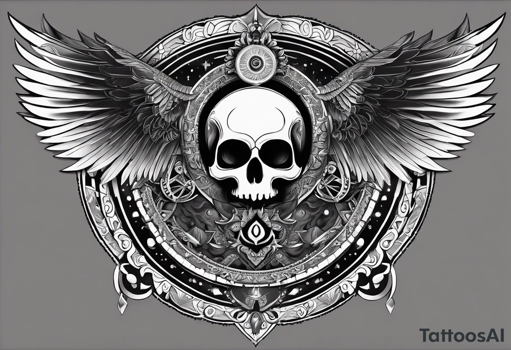 black kali, goddess pirate, alien, pachamama, valkrye, warrior, skull, lotus azul, wing, eagle, zenza resonance, stars, 5D tattoo idea
