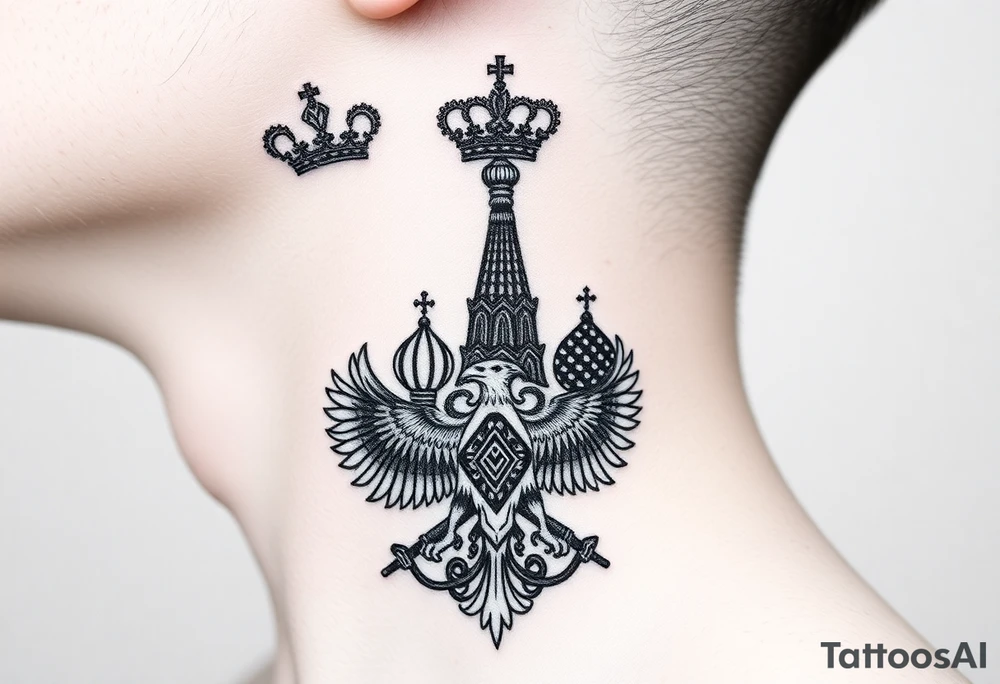St. George 
3 russian imperial crowns above the Russian coat of arms double eagle
Russian sabre
The Kremlin or St. Basil's Cathedral scene 
on the side of my neck tattoo idea