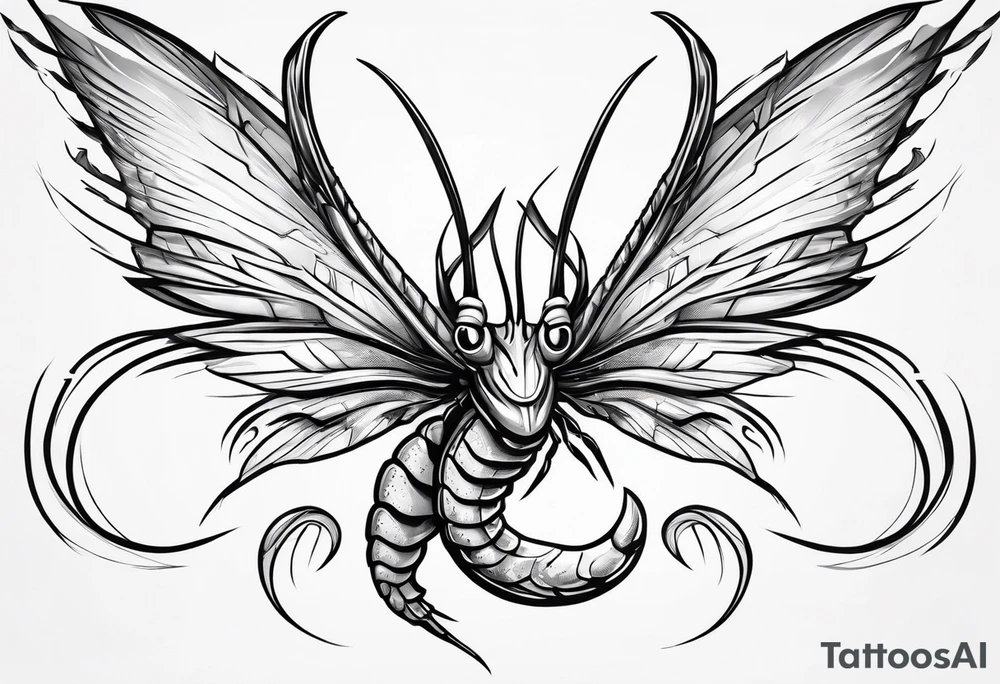 cartoon shrimp with a muscular superhero body flying through the air tattoo idea