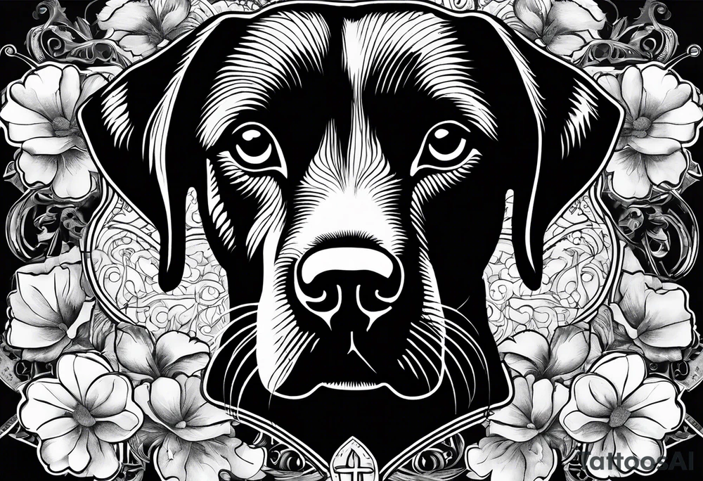 Clover leaf card with a cross and blue eyes of a Labrador retrevier and a cross tattoo idea
