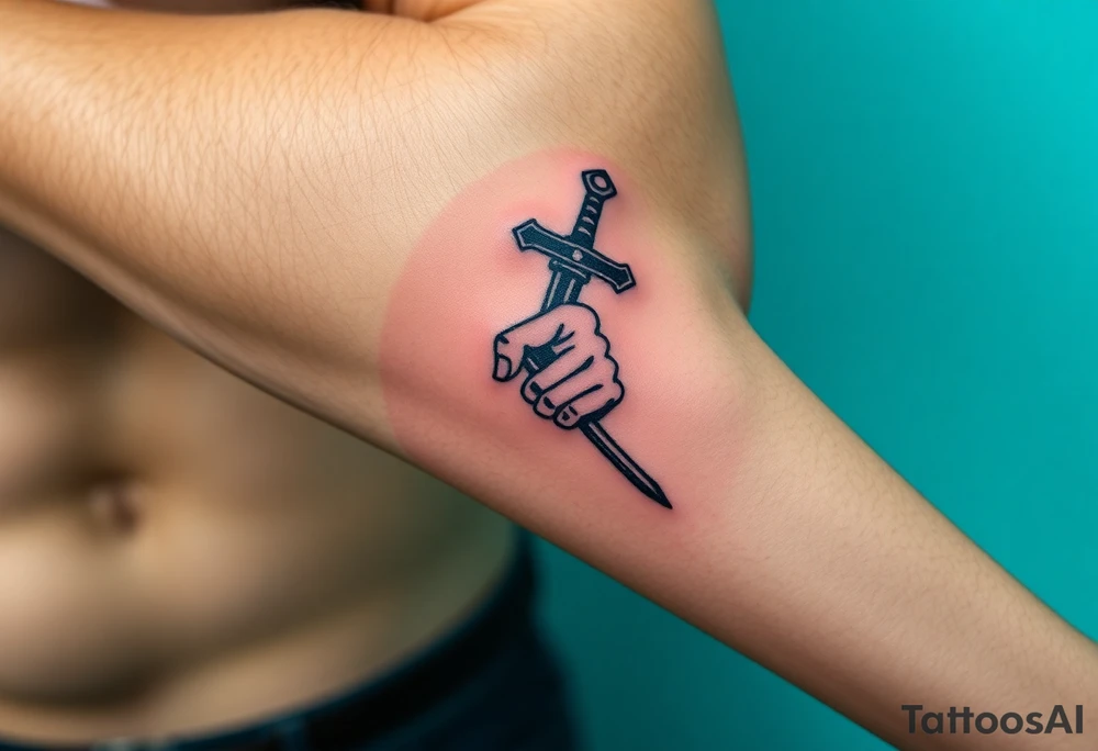 Themis tattoo, bold lines, powerful expression, vivid color, with sword in hand tattoo idea