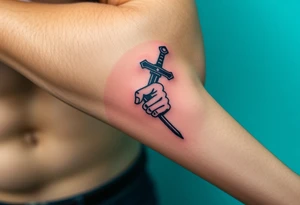 Themis tattoo, bold lines, powerful expression, vivid color, with sword in hand tattoo idea