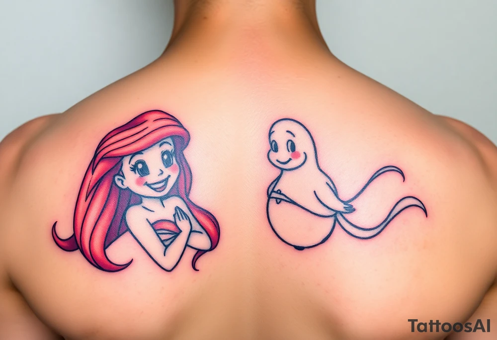 Ariel and Bell standing next to each other, smilling tattoo idea