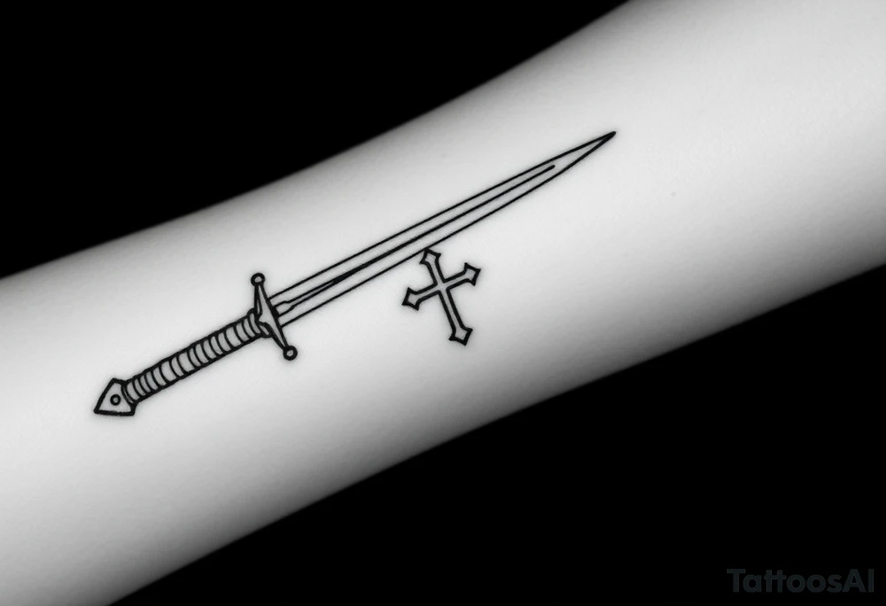 Two swords laying flat on each other with a decent design on them and with a cross or something on the handle of them I want the swords to be straight tattoo idea