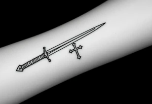 Two swords laying flat on each other with a decent design on them and with a cross or something on the handle of them I want the swords to be straight tattoo idea