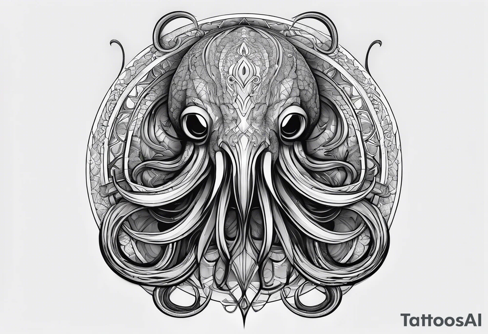 Lovecraftian creature, flowing into more futuristic technology elements. Long tentacles. Vertical long. tattoo idea