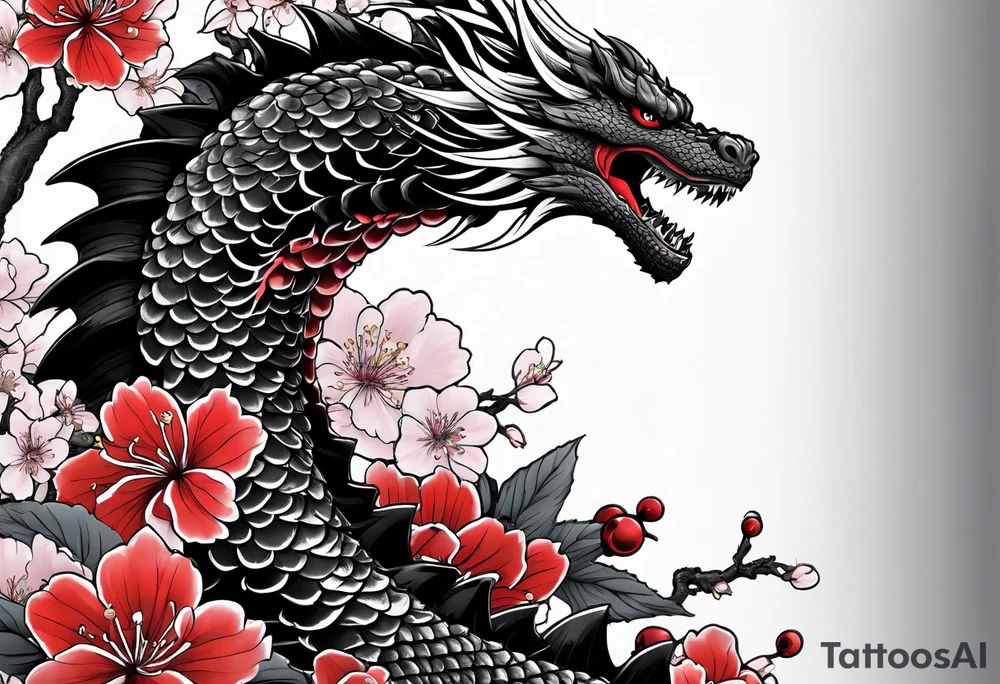 godzilla inspired dragon irezumi arm sleeve in black and red with water and lightning and cherry blossoms tattoo idea